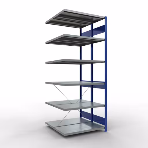 Anbauregal, Doppelregal, Fachbodenregal Stecksystem MULTIplus250, 2500 x 1000 x (2x500) mm (HxBxT), 2x6 Fachböden, Kreuzstrebe, RAL 5010 enzianblau aus der Kategorie Doppelregale mit der Artikelnummer 32156-A-B