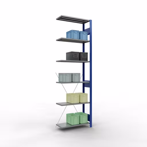 Zusatzbild des Artikels Anbauregal, Fachbodenregal Stecksystem MULTIplus150, 2500 x 750 x 300 mm (HxBxT), 6 Fachböden, Kreuzstrebe, RAL 5010 enzianblau/verzinkt/verzinkt aus Anbauregal