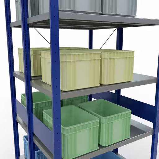 Abbildung Nr 13 des Artikels Grundregal, Doppelregal, Fachbodenregal Stecksystem MULTIplus250, 3000 x 1000 x (2x500) mm (HxBxT), 2x7 Fachböden, Kreuzstrebe, enzianblau aus der Produktgruppe Fachbodenregale von der Marke Schulte Lagertechnik