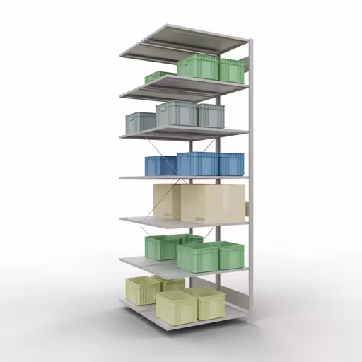Anbauregal, Doppelregal, Fachbodenregal Stecksystem MULTIplus150, 3000 x 1000 x (2x1200) mm (HxBxT), 2x7 Fachböden, Kreuzstrebe, RAL 7035 lichtgrau von Schulte Lagertechnik mit der Artikelnr. 32767