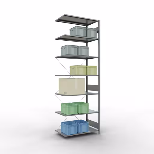 Produktbild Nr 15 des Artikels Anbauregal, Fachbodenregal Stecksystem MULTIplus150, 3000 x 1000 x 600 mm (HxBxT), 7 Fachböden, Kreuzstrebe, verzinkt Abbildung Nr 15 des Artikels Anbauregal, Fachbodenregal Stecksystem MULTIplus150, 3000 x 1000 x 600 mm (HxBxT), 7 Fachböden, Kreuzstrebe, verzinkt aus der Produktgruppe Stecksystem von der Marke Schulte Lagertechnik