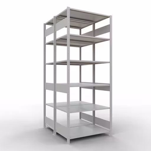 Grundregal, Doppelregal, Fachbodenregal Stecksystem MULTIplus150, 2500 x 1000 x (2x600) mm (HxBxT), 2x6 Fachböden, Längenriegel, RAL 7035 lichtgrau aus der Kategorie Doppelregale mit der Artikelnummer 33161