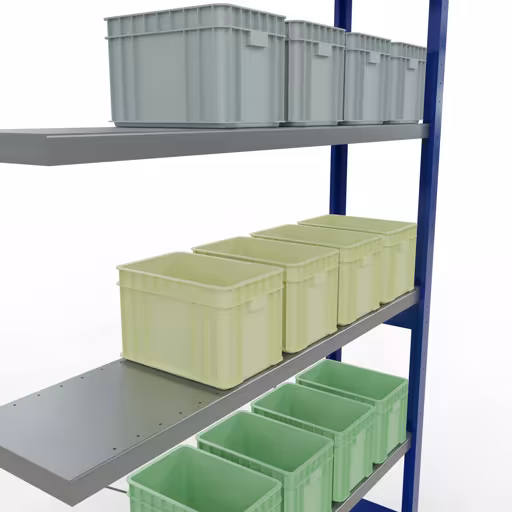 Abbildung Nr 7 des Artikels Anbauregal, Fachbodenregal Stecksystem MULTIplus250, 2500 x 1300 x 300 mm (HxBxT), 6 Fachböden, Kreuzstrebe, RAL 5010 enzianblau/verzinkt aus der Produktgruppe Stecksystem von der Marke Schulte Lagertechnik