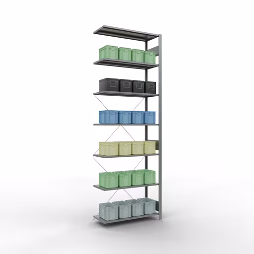 Anbauregal, Fachbodenregal Stecksystem MULTIplus85, 3000 x 1000 x 400 mm (HxBxT), 7 Fachböden, Kreuzstrebe, verzinkt von Schulte Lagertechnik mit der Artikelnr. 13147