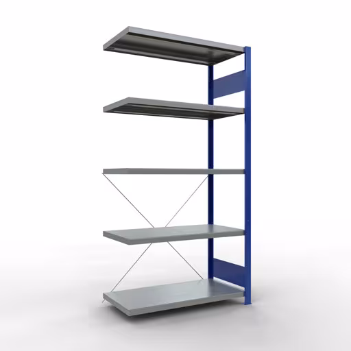 Anbauregal, Fachbodenregal Stecksystem MULTIplus250, 2000 x 1000 x 500 mm (HxBxT), 5 Fachböden, Kreuzstrebe, RAL 5010 enzianblau/verzinkt aus der Kategorie Anbauregal mit der Artikelnummer 12955-B