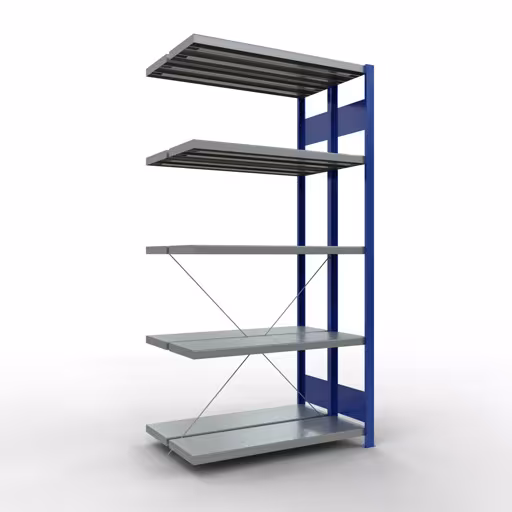 Anbauregal, Doppelregal, Fachbodenregal Stecksystem MULTIplus250, 2000 x 1000 x (2x300) mm (HxBxT), 2x5 Fachböden, Kreuzstrebe, RAL 5010 enzianblau aus der Kategorie Doppelregale mit der Artikelnummer 32135-A-B