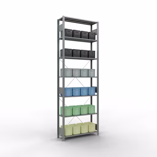Grundregal, Fachbodenregal Stecksystem MULTIplus85, 3000 x 1000 x 300 mm (HxBxT), 7 Fachböden, Kreuzstrebe, verzinkt von Schulte Lagertechnik mit der Artikelnr. 13132
