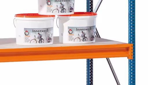 Anbauregal, Weitspannregal mit Spanplatten W 100, 2000 x 2140 x 1200 mm, blau/orange/verzinkt, 3 Ebenen, Fachlast 950 kg von der Marke Schulte Lagertechnik aus der Produktreihe Weitspannregale