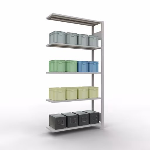 Anbauregal, Fachbodenregal Stecksystem MULTIplus150, 2000 x 1000 x 300 mm (HxBxT), 5 Fachböden, Längenriegel, RAL 7035 lichtgrau von der Marke Schulte Lagertechnik aus der Produktreihe Stecksystem