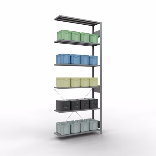 Anbauregal, Eckregal (Feld C) 2500 x 1000 x 300, 6 Fachböden, Kreuzstrebe, verzinkt mit der GTIN 4004514241139 Anbauregal, Eckregal (Feld C) 2500 x 1000 x 300, 6 Fachböden, Kreuzstrebe, verzinkt von Schulte Lagertechnik mit der Artikelnr. 12736-ECK