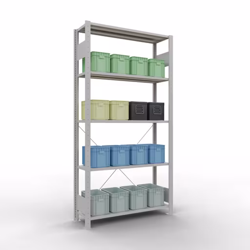 Grundregal, Fachbodenregal Stecksystem MULTIplus85, 2000 x 1000 x 300 mm (HxBxT), 5 Fachböden, Kreuzstrebe, RAL 7035 lichtgrau von der Marke Schulte Lagertechnik aus der Produktreihe Stecksystem