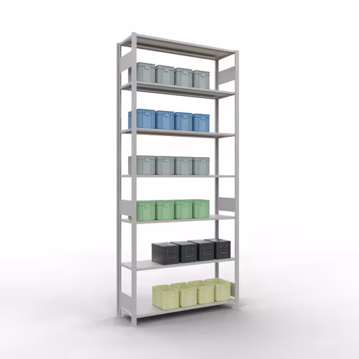 Andere Ansicht des Artikels Grundregal, Fachbodenregal Stecksystem MULTIplus150, 3000 x 1300 x 400 mm (HxBxT), 7 Fachböden, Längenriegel, RAL 7035 lichtgrau aus der Kategorie Grundregal