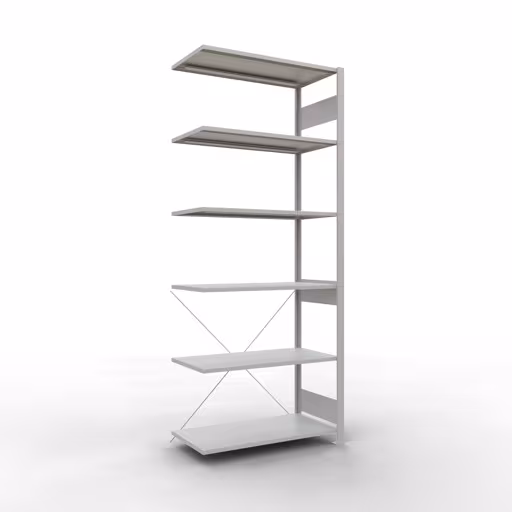 Abbildung Nr 13 des Artikels Anbauregal, Fachbodenregal Stecksystem MULTIplus150, 2500 x 1000 x 500 mm (HxBxT), 6 Fachböden, Kreuzstrebe, RAL 7035 lichtgrau aus der Produktgruppe Stecksystem von der Marke Schulte Lagertechnik