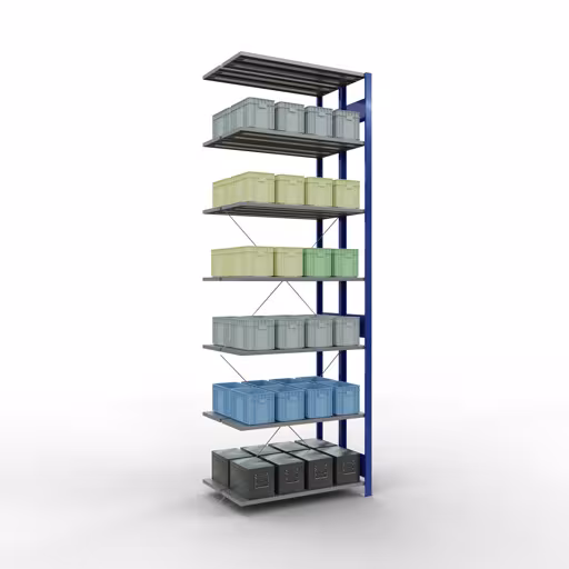 Produktbild Nr.13 des Artikels Anbauregal, Doppelregal, Fachbodenregal Stecksystem MULTIplus150, 3000 x 1000 x (2x600) mm (HxBxT), 2x7 Fachböden, Kreuzstrebe, RAL 5010 enzianblau aus der Produktreihe Fachbodenregale von der Marke Schulte Lagertechnik