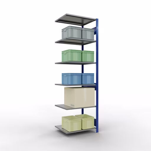 Anbauregal, Fachbodenregal Stecksystem MULTIplus150, 2500 x 750 x 600 mm (HxBxT), 6 Fachböden, Längenriegel, RAL 5010 enzianblau/verzinkt/verzinkt von Schulte Lagertechnik mit der Artikelnr. 12766-75-LR-B