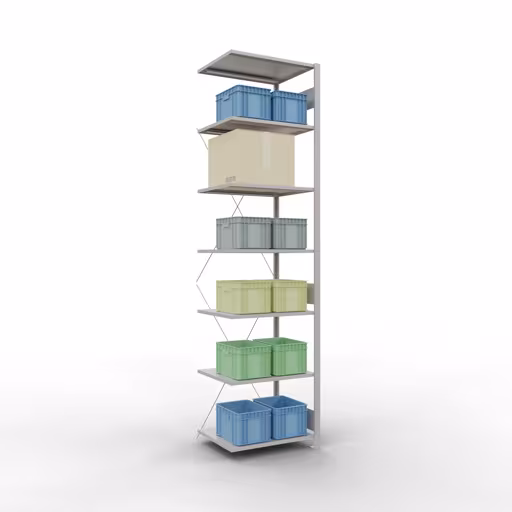 Anbauregal, Fachbodenregal Stecksystem MULTIplus150, 3000 x 750 x 600 mm (HxBxT), 7 Fachböden, Kreuzstrebe, RAL 7035 lichtgrau mit der Artikelnr. 32667-75 Anbauregal, Fachbodenregal Stecksystem MULTIplus150, 3000 x 750 x 600 mm (HxBxT), 7 Fachböden, Kreuzstrebe, RAL 7035 lichtgrau von Schulte Lagertechnik aus der Kategorie Stecksystem