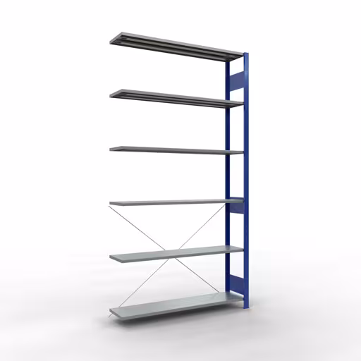 Anbauregal, Fachbodenregal Stecksystem MULTIplus150, 2500 x 1300 x 300 mm (HxBxT), 6 Fachböden, Kreuzstrebe, RAL 5010 enzianblau/verzinkt aus der Kategorie Anbauregal mit der Artikelnummer 12736-130-B