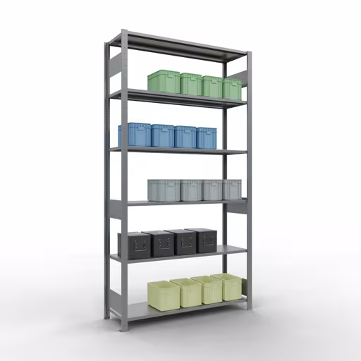 Grundregal, Fachbodenregal Stecksystem MULTIplus150, 2500 x 1300 x 400 mm (HxBxT), 6 Fachböden, Längenriegel, verzinkt mit der GTIN 4058255012428 Grundregal, Fachbodenregal Stecksystem MULTIplus150, 2500 x 1300 x 400 mm (HxBxT), 6 Fachböden, Längenriegel, verzinkt von Schulte Lagertechnik mit der Artikelnr. 12741-130-LR