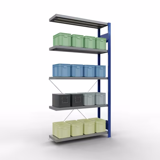 Anbauregal, Fachbodenregal Stecksystem MULTIplus250, 2000 x 1000 x 300 mm (HxBxT), 5 Fachböden, Kreuzstrebe, RAL 5010 enzianblau/verzinkt von Schulte Lagertechnik mit der Artikelnr. 12935-B