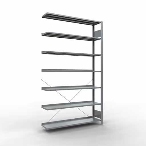 Anbauregal, Büro-Fachbodenregal Stecksystem MULTIplus85, 2300 x 1300 x 300 mm (HxBxT), 7 Fachböden, Kreuzstrebe, verzinkt, mit Anschlagleiste aus der Kategorie Stecksystem mit der Artikelnummer 17717