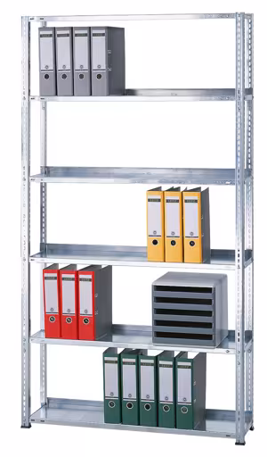 Grundregal, Büro-Fachbodenregal Schraubsystem MULTIplus85, 2000 x 750 x 300 mm (HxBxT), 6 Fachböden, verzinkt, mit Anschlagleiste aus der Kategorie Schraubsystem mit der Artikelnummer 10452