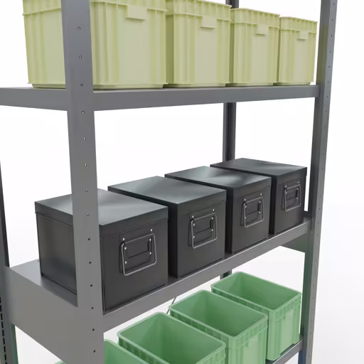 Produktbild Nr.12 des Artikels Grundregal, Fachbodenregal Stecksystem MULTIplus250, 2500 x 1000 x 400 mm (HxBxT), 6 Fachböden, Kreuzstrebe, verzinkt aus der Produktreihe Stecksystem von der Marke Schulte Lagertechnik