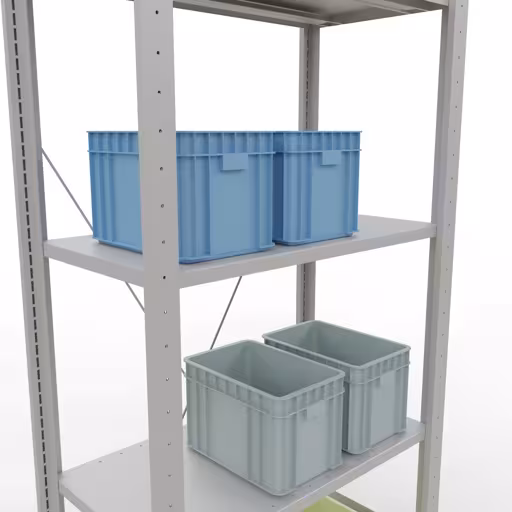 Grundregal, Fachbodenregal Stecksystem MULTIplus150, 2000 x 750 x 400 mm (HxBxT), 5 Fachböden, Kreuzstrebe, RAL 7035 lichtgrau mit der GTIN 4004514205384 Grundregal, Fachbodenregal Stecksystem MULTIplus150, 2000 x 750 x 400 mm (HxBxT), 5 Fachböden, Kreuzstrebe, RAL 7035 lichtgrau von Schulte Lagertechnik mit der Artikelnr. 32640-75