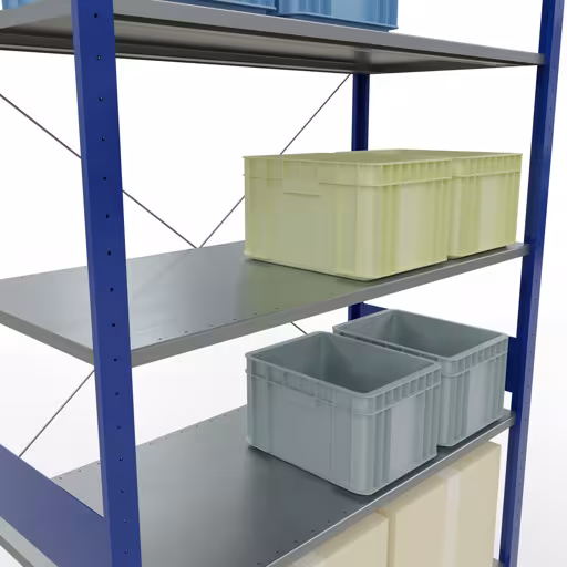Andere Ansicht des Artikels Grundregal, Fachbodenregal Stecksystem MULTIplus150, 3000 x 1300 x 600 mm (HxBxT), 7 Fachböden, Kreuzstrebe, RAL 5010 enzianblau/verzinkt aus der Kategorie Stecksystem