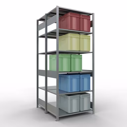 Abbildung Nr 15 des Artikels Grundregal, Doppelregal, Fachbodenregal Stecksystem MULTIplus150, 2500 x 1000 x (2x600) mm (HxBxT), 2x6 Fachböden, Längenriegel, verzinkt aus der Produktgruppe Fachbodenregale von der Marke Schulte Lagertechnik