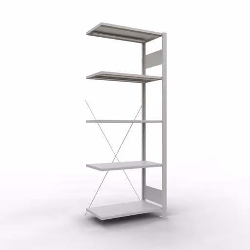 Anbauregal, Fachbodenregal Stecksystem MULTIplus150, 2000 x 750 x 400 mm (HxBxT), 5 Fachböden, Kreuzstrebe, RAL 7035 lichtgrau aus der Kategorie Anbauregal mit der Artikelnummer 32645-75