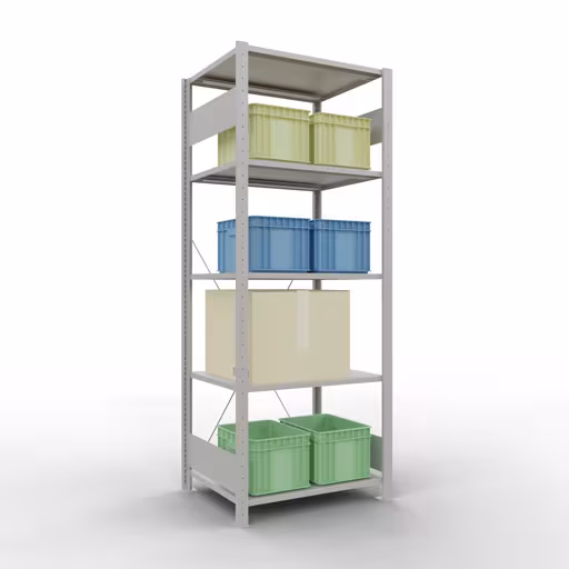 Zusatzbild des Artikels Grundregal, Fachbodenregal Stecksystem MULTIplus150, 2000 x 750 x 600 mm (HxBxT), 5 Fachböden, Kreuzstrebe, RAL 7035 lichtgrau aus Grundregal