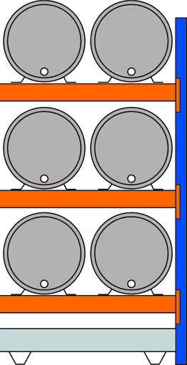 Anbauregal, Fassregal, 2500 x 1350 x 800 mm (HxBxT), blau/verzinkt/RAL 2004, 3 Ebenen für je 2 Fässer 200 l liegend; 1 Bodenwanne 1330 x 1100 mm, aus der Kategorie Fassregale mit der Artikelnummer 46967