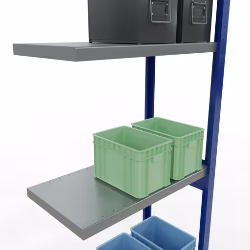Zusatzbild des Artikels Anbauregal, Fachbodenregal Stecksystem MULTIplus250, 3000 x 750 x 400 mm (HxBxT), 7 Fachböden, Längenriegel, RAL 5010 enzianblau/verzinkt/verzinkt aus Anbauregal