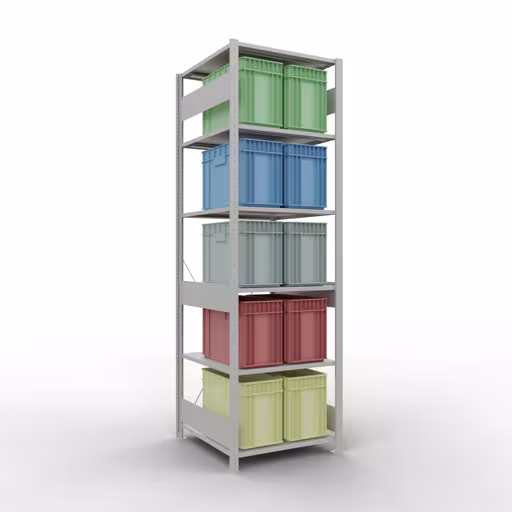 Zusatzbild des Artikels Grundregal, Fachbodenregal Stecksystem MULTIplus150, 2500 x 750 x 800 mm (HxBxT), 6 Fachböden, Kreuzstrebe, RAL 7035 lichtgrau Zusatzbild des Artikels Grundregal, Fachbodenregal Stecksystem MULTIplus150, 2500 x 750 x 800 mm (HxBxT), 6 Fachböden, Kreuzstrebe, RAL 7035 lichtgrau aus Grundregal