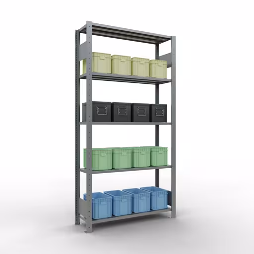 Grundregal, Fachbodenregal Stecksystem MULTIplus150, 2000 x 1000 x 300 mm (HxBxT), 5 Fachböden, Längenriegel, verzinkt mit der Artikelnr. 12730-LR Grundregal, Fachbodenregal Stecksystem MULTIplus150, 2000 x 1000 x 300 mm (HxBxT), 5 Fachböden, Längenriegel, verzinkt von Schulte Lagertechnik aus der Kategorie Stecksystem