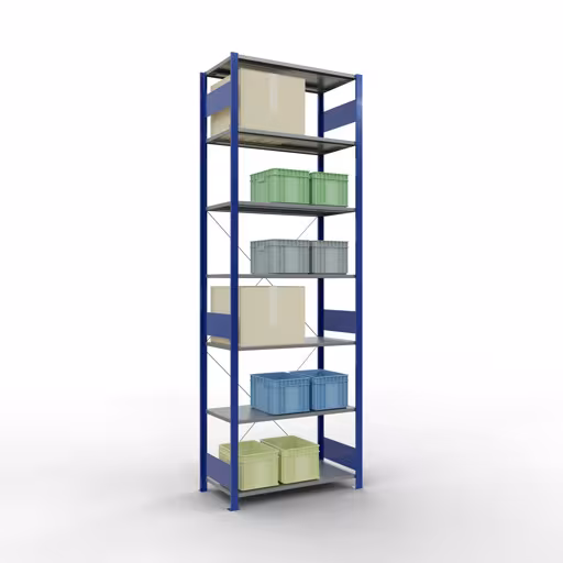 Grundregal, Fachbodenregal Stecksystem MULTIplus150, 3000 x 1000 x 500 mm (HxBxT), 7 Fachböden, Kreuzstrebe, RAL 5010/verzinkt von Schulte Lagertechnik aus der Kategorie Stecksystem