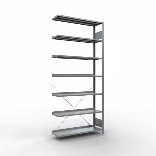 Abbildung Nr 11 des Artikels Anbauregal, Büro-Fachbodenregal Stecksystem MULTIplus85, 2300 x 1000 x 300 mm (HxBxT), 7 Fachböden, Kreuzstrebe, verzinkt, mit Anschlagleiste aus der Produktgruppe Büroregale von der Marke Schulte Lagertechnik