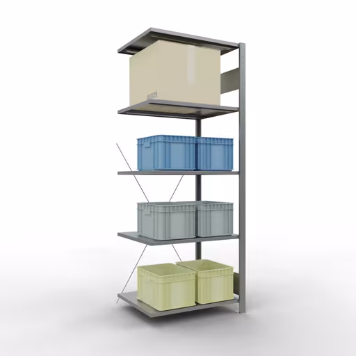 Produktbild Nr.6 des Artikels Anbauregal, Fachbodenregal Stecksystem MULTIplus150, 2000 x 750 x 600 mm (HxBxT), 5 Fachböden, Kreuzstrebe, verzinkt aus der Produktreihe Stecksystem von der Marke Schulte Lagertechnik