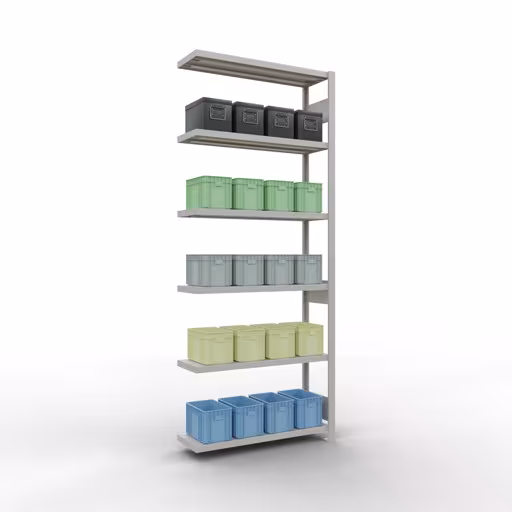 Anbauregal, Fachbodenregal Stecksystem MULTIplus250, 2500 x 1000 x 300 mm (HxBxT), 6 Fachböden, Längenriegel, RAL 7035 lichtgrau von der Marke Schulte Lagertechnik aus der Produktreihe Stecksystem