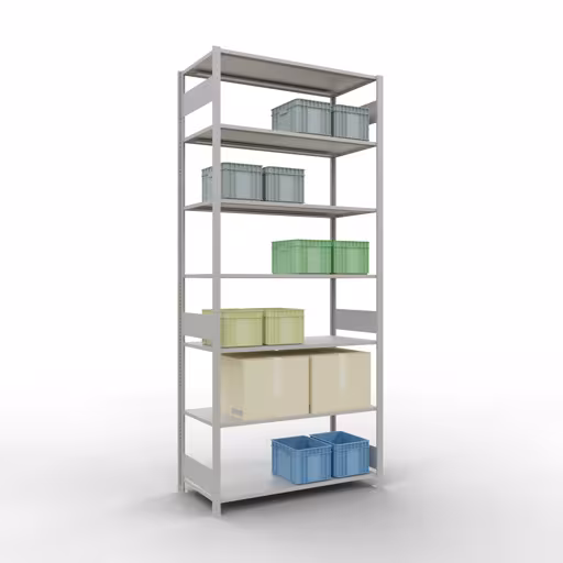 Zusatzbild des Artikels Grundregal, Fachbodenregal Stecksystem MULTIplus150, 3000 x 1300 x 600 mm (HxBxT), 7 Fachböden, Längenriegel, RAL 7035 lichtgrau Zusatzbild des Artikels Grundregal, Fachbodenregal Stecksystem MULTIplus150, 3000 x 1300 x 600 mm (HxBxT), 7 Fachböden, Längenriegel, RAL 7035 lichtgrau aus Grundregal