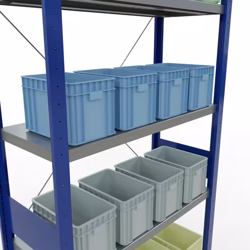 Grundregal, Fachbodenregal Stecksystem MULTIplus250, 3000 x 1000 x 400 mm (HxBxT), 7 Fachböden, Kreuzstrebe, RAL 5010 enzianblau/verzinkt von Schulte Lagertechnik aus der Kategorie Stecksystem