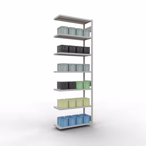 Abbildung Nr 14 des Artikels Anbauregal, Fachbodenregal Stecksystem MULTIplus330, 3000 x 1000 x 400 mm (HxBxT), 7 Fachböden, Längenriegel, RAL 7035 lichtgrau aus der Produktgruppe Stecksystem von der Marke Schulte Lagertechnik