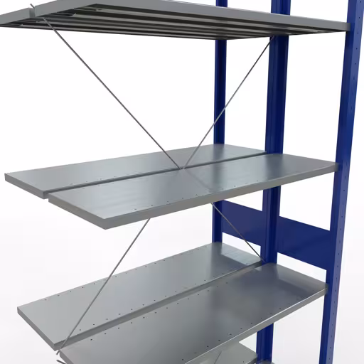 Produktbild Nr.11 des Artikels Anbauregal, Doppelregal, Fachbodenregal Stecksystem MULTIplus150, 3000 x 1000 x (2x600) mm (HxBxT), 2x7 Fachböden, Kreuzstrebe, RAL 5010 enzianblau aus der Produktreihe Fachbodenregale von der Marke Schulte Lagertechnik