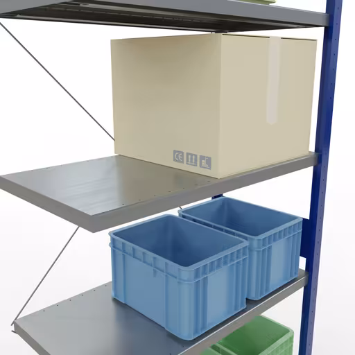 Abbildung Nr 12 des Artikels Anbauregal, Fachbodenregal Stecksystem MULTIplus330, 3000 x 1000 x 500 mm (HxBxT), 7 Fachböden, Kreuzstrebe, RAL 5010 enzianblau/verzinkt aus der Produktgruppe Stecksystem von der Marke Schulte Lagertechnik