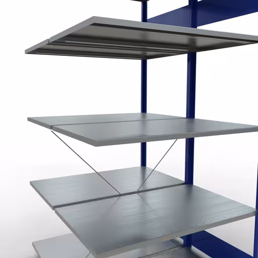 Zusatzbild des Artikels Anbauregal, Doppelregal, Fachbodenregal Stecksystem MULTIplus150, 2000 x 1000 x (2x600) mm (HxBxT), 2x5 Fachböden, Kreuzstrebe, RAL 5010 enzianblau aus Doppelregale
