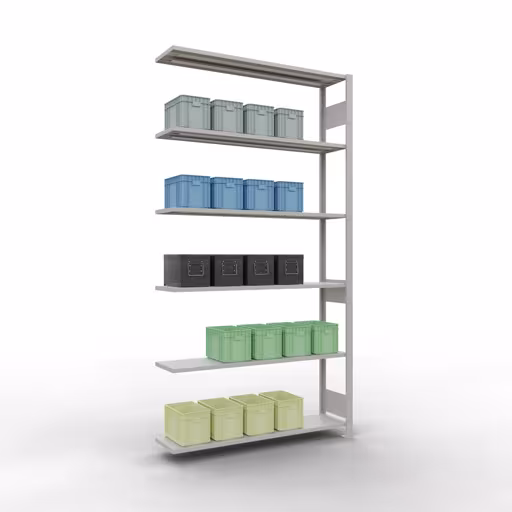 Andere Ansicht des Artikels Anbauregal, Fachbodenregal Stecksystem MULTIplus150, 2500 x 1300 x 300 mm (HxBxT), 6 Fachböden, Längenriegel, RAL 7035 lichtgrau aus der Kategorie Anbauregal