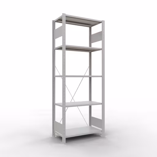 Grundregal, Fachbodenregal Stecksystem MULTIplus150, 2000 x 750 x 400 mm (HxBxT), 5 Fachböden, Kreuzstrebe, RAL 7035 lichtgrau aus der Kategorie Grundregal mit der Artikelnummer 32640-75