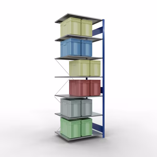 Produktbild Nr.6 des Artikels Anbauregal, Fachbodenregal Stecksystem MULTIplus150, 3000 x 1000 x 800 mm (HxBxT), 7 Fachböden, Kreuzstrebe, RAL 5010/verzinkt aus der Produktreihe Stecksystem von der Marke Schulte Lagertechnik
