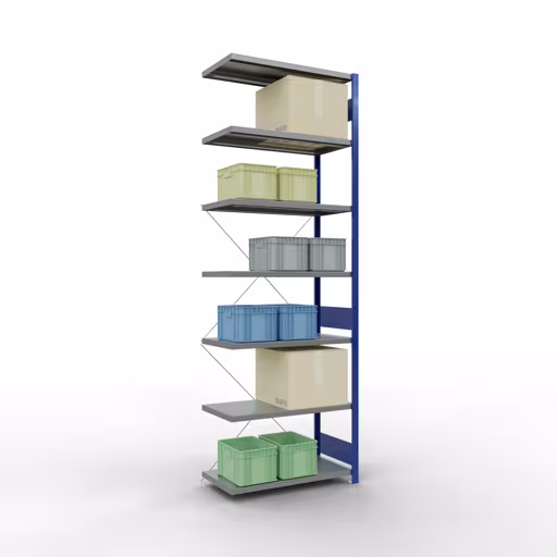 Anbauregal, Fachbodenregal Stecksystem MULTIplus250, 3000 x 1000 x 500 mm (HxBxT), 7 Fachböden, Kreuzstrebe, RAL 5010 enzianblau/verzinkt von Schulte Lagertechnik mit der Artikelnr. 12957-B