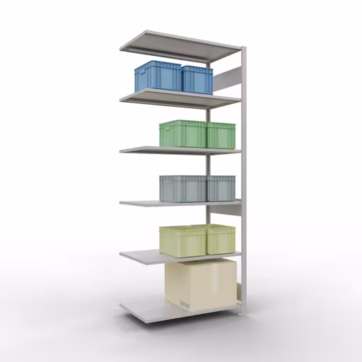 Abbildung Nr 15 des Artikels Anbauregal, Fachbodenregal Stecksystem MULTIplus85, 2500 x 1000 x 600 mm (HxBxT), 6 Fachböden, Längenriegel, RAL 7035 lichtgrau aus der Produktgruppe Stecksystem von der Marke Schulte Lagertechnik